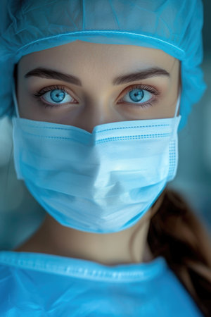 Young Female Medical Professional in Blue Scrubs, Her Piercing Blue Eyes Exuding Confidence and Readiness.の素材
