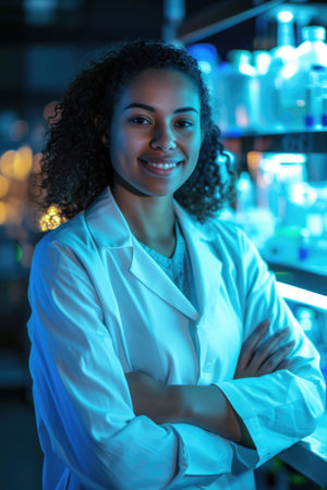 Young Female Scientist with a Curious Smile, Illuminated by the Blue Glow of Nighttime Lab Research.の素材