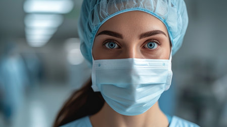 Young Female Medical Professional in Blue Scrubs, Her Piercing Blue Eyes Exuding Confidence and Readiness.の素材