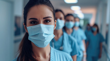 Striking Healthcare Professional Leads with Authority, Her Team Lined Up in the Softly Lit Background.の素材