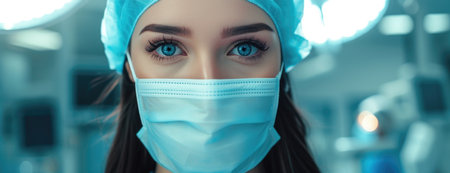 Young Female Medical Professional in Blue Scrubs, Her Piercing Blue Eyes Exuding Confidence and Readiness.の素材