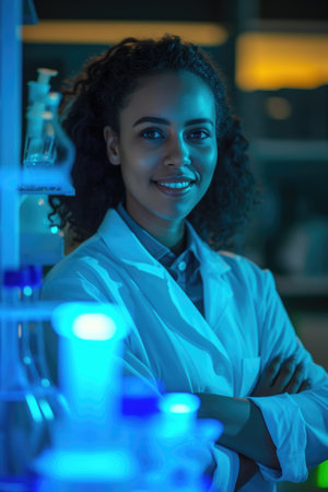 A Professional Young Woman Amidst the Ethereal Blue of Her Night Lab, Poised with Relaxed Expertise.の素材