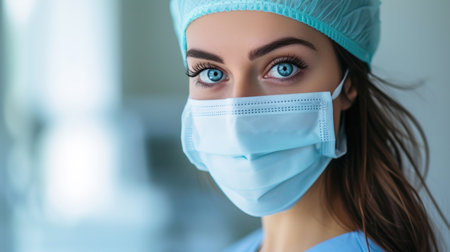 Female Medical Staff with Intense Blue Eyes and Neatly Tied Hair, Illuminated in the Sterile Environment of the OR.の素材