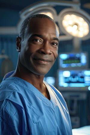 Experienced African American Surgeon in Operating Room, His Smile Reflecting Confidence and Care.の素材
