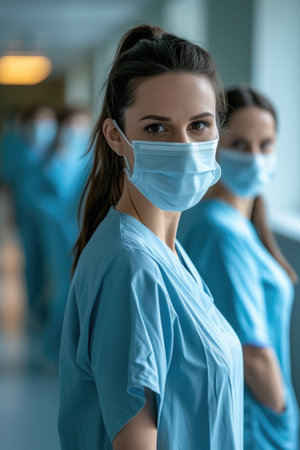 A Female Healthcare Leader Commands Attention in Blue Scrubs, Leading Her Team Through the Bright Hospital Corridor.の素材