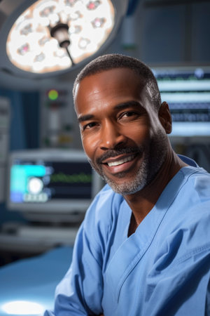 Shaven-Headed African American Male Surgeon in Blue Scrubs, Illuminated by Sterile OR Light.の素材