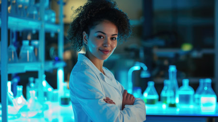 A Professional Young Woman Amidst the Ethereal Blue of Her Night Lab, Poised with Relaxed Expertise.の素材