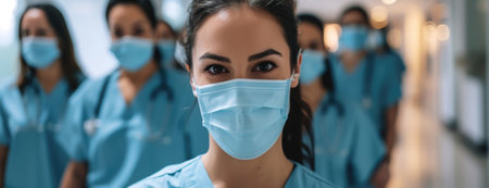A Female Healthcare Leader Commands Attention in Blue Scrubs, Leading Her Team Through the Bright Hospital Corridor.の素材
