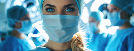 Focused Female Surgeon with Alert Blue Eyes, Leading Her Team in a Bright Operating Room.の素材