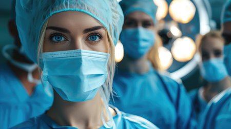Focused Female Surgeon with Alert Blue Eyes, Leading Her Team in a Bright Operating Room.の素材