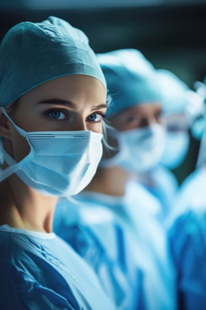Focused Female Surgeon with Alert Blue Eyes, Leading Her Team in a Bright Operating Room.の素材