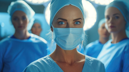 Attentive Female Surgeon with Surgical Team Poised Behind, Under the Bright Lights of the Operating Theater.の素材