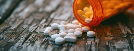 Precisely Focused Prescription Bottle Tipped Over, White Pills Scattered in Natural Light, Setting a Tone of Careful Attention.の素材