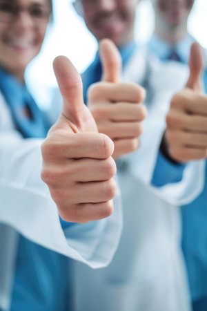 Thumbs Up from a Team in Lab Coats, Emphasis on Success with a Bright, Blurred Background.の素材