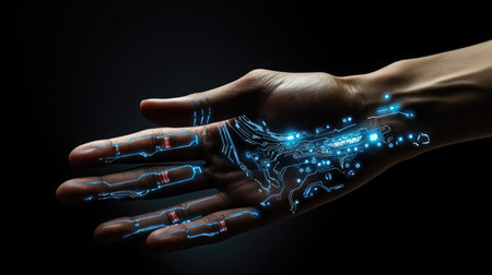 the concept of technology touching a human hand with dark background, in the style of futuristic spacecraft design, light blueの素材
