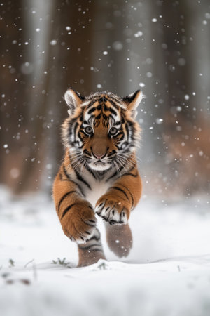 tiger cub running on the snowの素材