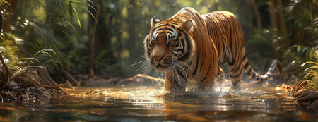 Bengal tiger walking through a stream in the forestの素材