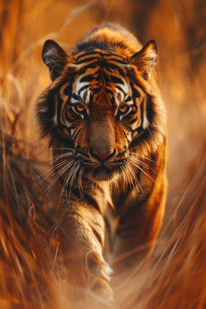 A Tiger's Quiet Stroll at Dawn, Encircled by the Awakening Woods.の素材