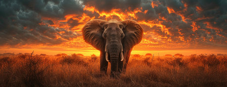 a majestic elephant with golden trunk standing against the sunsetの素材