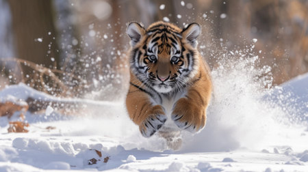 Energetic Tiger Cub Captured Mid-Run, Snowflakes Kicking Up Around Its Paws.の素材