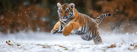 The Delightful Dash of a Tiger Cub Across a Snow-Covered Field, Embodying the Joy of Winter's Touch.の素材