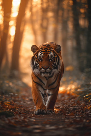 tiger walking in the open at sun down in the morning forestの素材