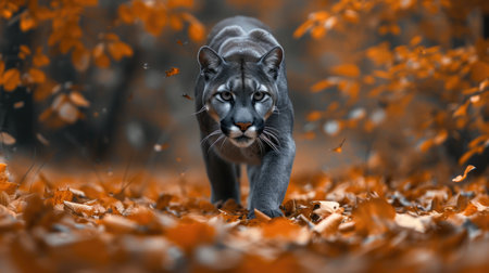 The Graceful Stride of a Cougar Across a Field Blanketed with Fallen Leaves.の素材