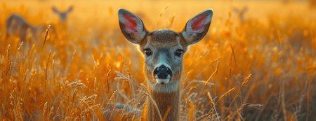 deer in a field with other deer, in the style of dark orange and redの素材