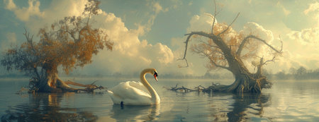 two swans floating on a lake near two fallen trees on a sunny dayの素材
