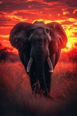 The Majestic Presence of an Elephant Captured in the Tranquil Moments Before Sunset.の素材
