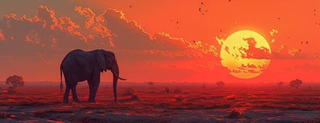 large male black and white elephant at sunsetの素材