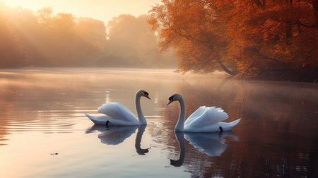 A Pair of Swans Floating Serenely on the Lake, Embraced by the Amber Light of Autumn Dusk.の素材