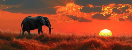 Sunset Sovereign: The African Elephant's Silhouette Against the Dying Light, A Regal End to the Day.の素材