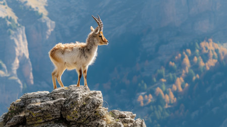 A Large Antelope Overlooks the Valley from Its Rocky Perch, Mountains Enveloping the Horizon.の素材