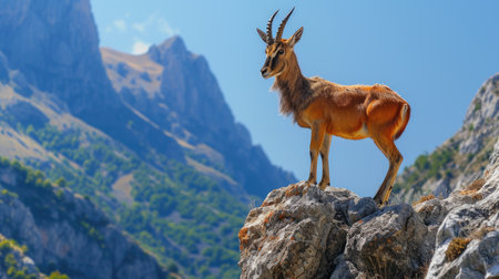 Majestic Antelope on High Rock, Commanding View Over Alpine Landscape.の素材