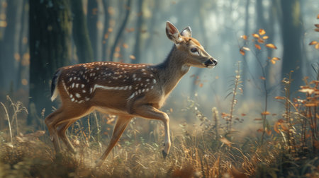 The Swift Passage of a Deer Through a Fog-Shrouded Forest, Nature's Ballet in Motion.の素材