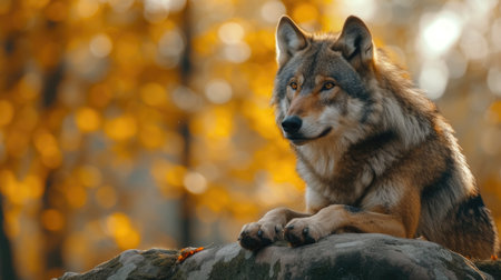 Amidst a Tapestry of Crimson and Gold, A Wolf Stands Vigil in the Autumn Woods.の素材