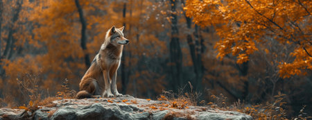 A Lone Wolf's Vigil from Its Stony Outlook Amidst Autumn's Palette.の素材