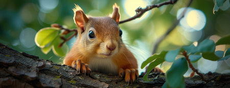 Close-Up of a Squirrel Resting on Tree Branch with Leaves.の素材