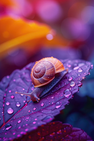 Rainbow's Refuge: A Snail Takes Shelter on a Leaf in a Technicolor World.の素材