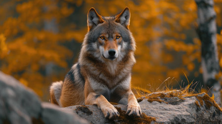 Amidst a Tapestry of Crimson and Gold, A Wolf Stands Vigil in the Autumn Woods.の素材