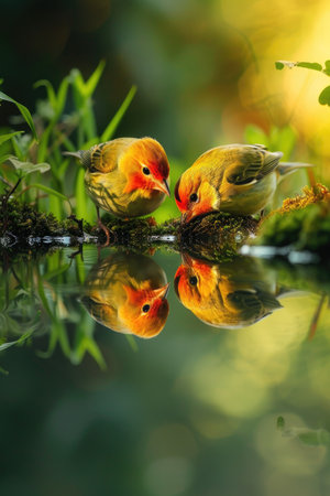 Thirsty Avians: Birds Sipping Water from the Pond's Edge.の素材