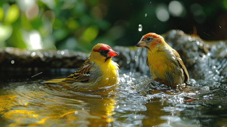 Thirsty Avians: Birds Sipping Water from the Pond's Edge.の素材