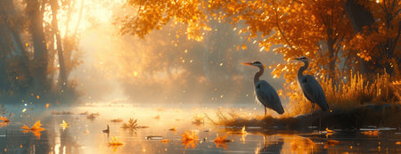 two birds drinking from a pondの素材