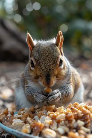 Emotive Squirrels: Two Squirrels Expressing Through Body Language on Leafy Ground.の素材