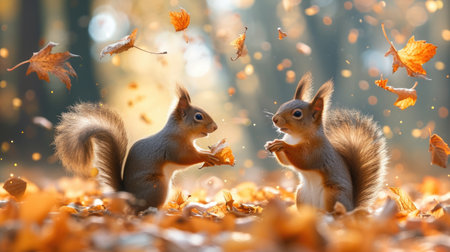 Paw Communication: Emotive Body Language Displayed by Two Squirrels on Leaf-Covered Terrain.の素材