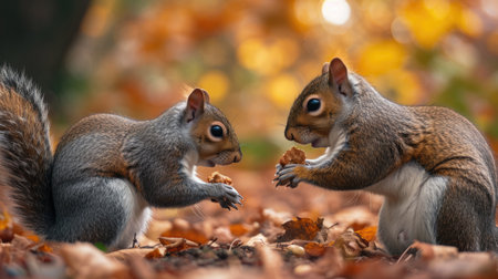 Squirrels Displaying Emotive Gestures on Leaf-Covered Earth.の素材