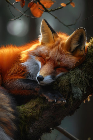 Fox Nap: Beautiful Pictures Showing a Red Fox Resting Comfortably on a Mossy Log.の素材