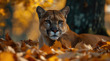 Cougar Standing on a Carpet of Fall Leavesの素材