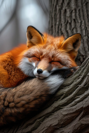Fox in Repose: Breathtaking Photography Featuring a Red Fox Resting on a Mossy Log.の素材